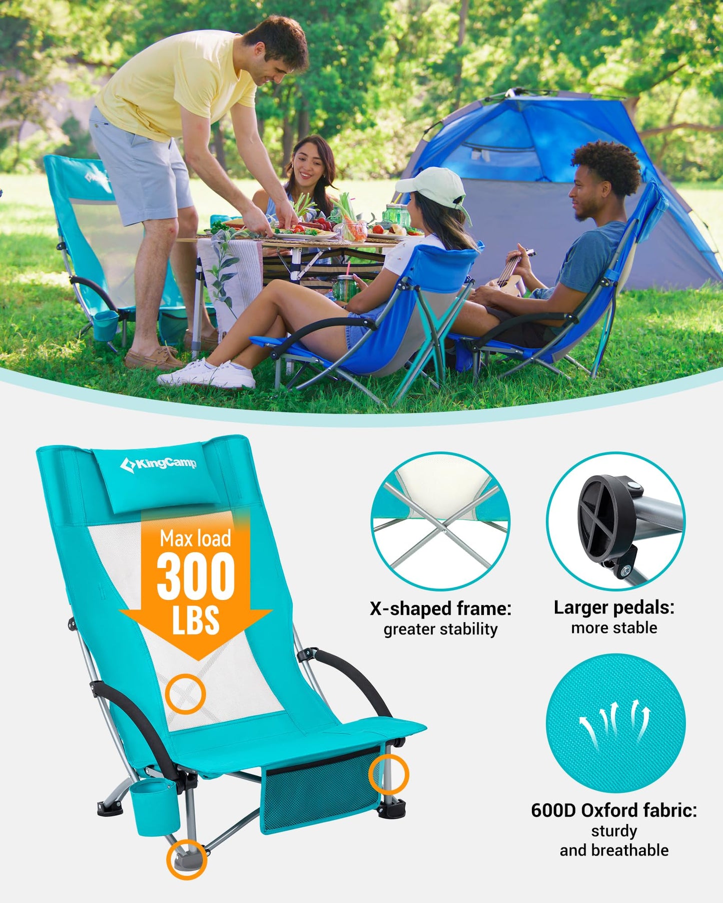 KingCamp Low Beach Chairs 2 Pack, Folding Portable Chair for Adults lightweight Extra Wide Ergonomic High Back Seat 300lbs Heavy Duty Oversized Gear with Carry Bag for Outdoor Lawn Camping Picnic