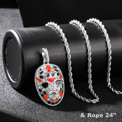 HH BLING EMPIRE 14k Gold Silver Plated Hip Hop Rapper Pendant Chain Necklace for Men, Iced Out Diamond Jason Mask Pendant with 5mm Tennis Chains 22 Inch (Jason Mask-Silver,& Tennis)