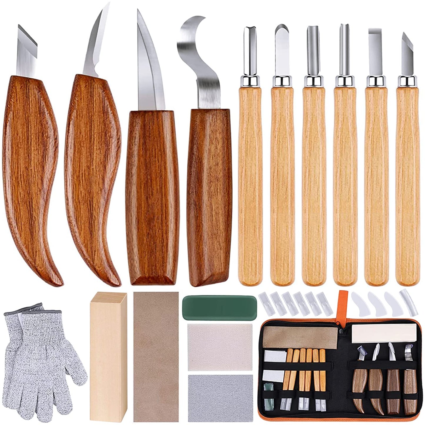 Olerqzer 26-in-1 Wood Carving Kit with Detail Wood Carving Knife, Whittling Knife, Wood Chisel Knife, Gloves, Carving Knife Sharpener for Spoon, Bowl, Kuksa Cup (26PCS)