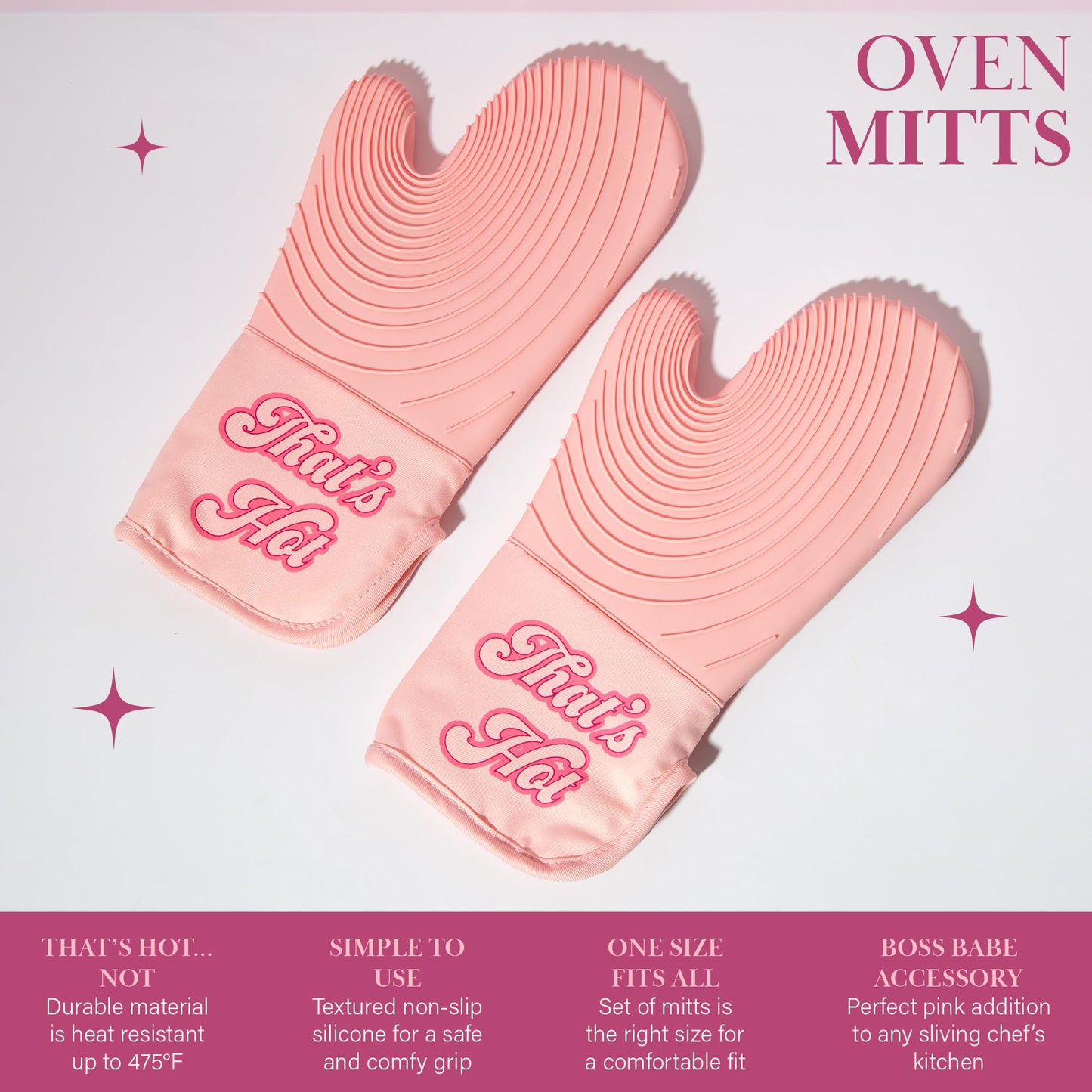 Paris Hilton Oven Mitt Set with Iconic That's HOT Design, Heat Resistant Pot Holders Featuring Non-Slip Textured Silicone Grips, 2-Piece Set, Pink