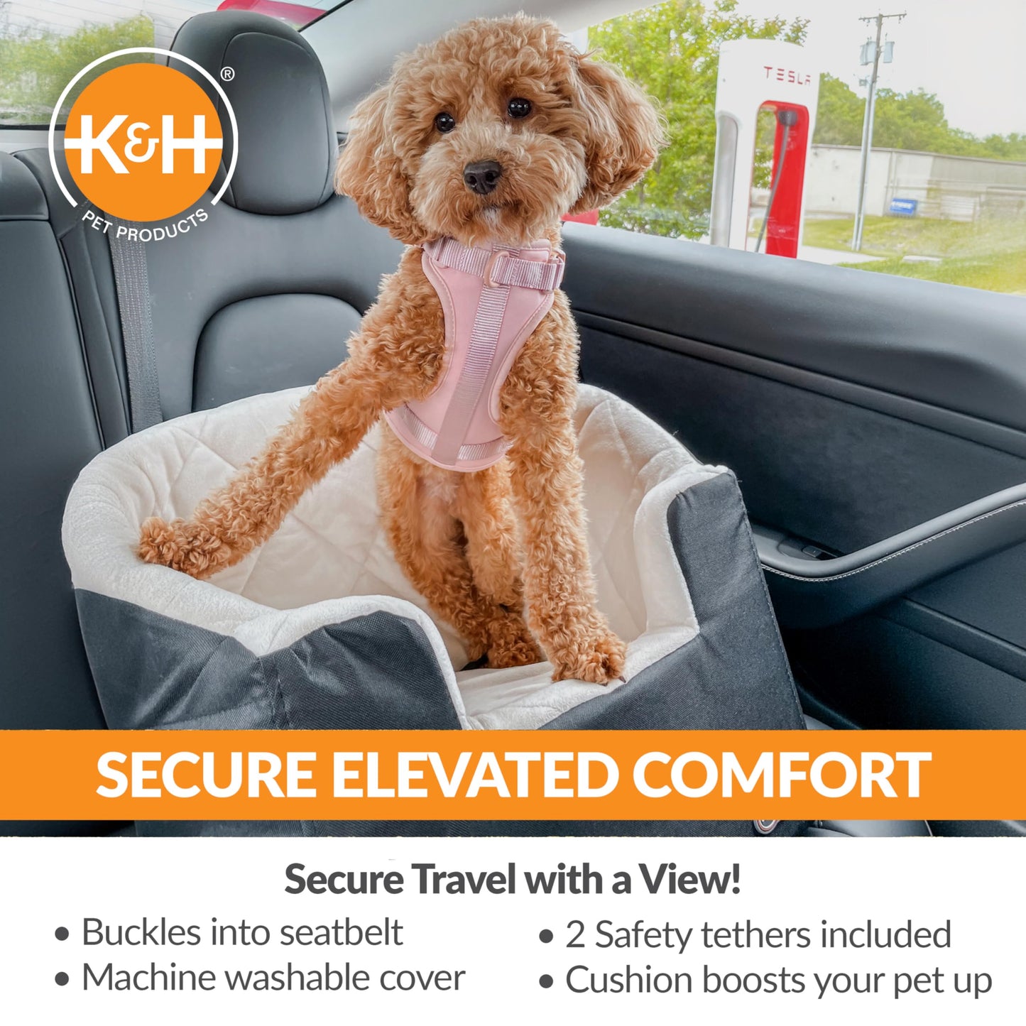 K&H Pet Products Bucket Booster Dog Car Seat for Small Dogs, Seat Belt Secured, 2 Safety Leashes, Washable Covers, Sturdy Pet Booster Seats for Traveling with Pets - Small Black/Cream