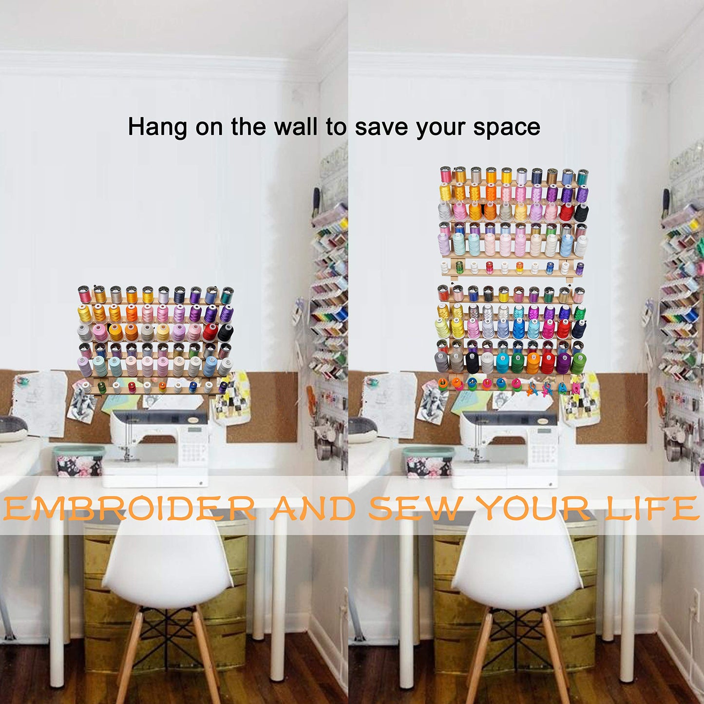 New brothread 2X60 Spools Wooden Thread Rack/Thread Holder Organizer with Hanging Hooks for Embroidery Quilting and Sewing threads