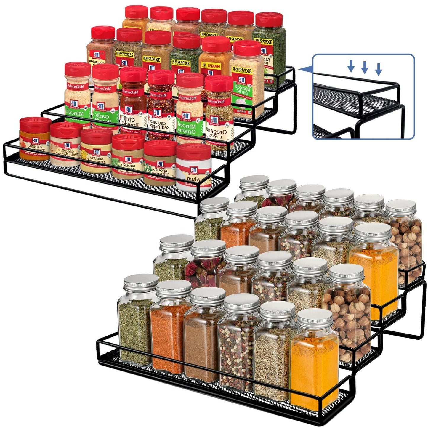 IFELS Spice Rack Organizer for Cabinet, 4 Tier Seasoning Organizer, Expandable Shelf,Step Storage Holder, Kitchen Cabinet Countertop,with Protection Railing, Metal (Black,4 Tier,2Pack)