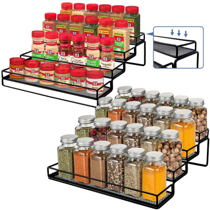 IFELS Spice Rack Organizer for Cabinet, 4 Tier Seasoning Organizer, Expandable Shelf,Step Storage Holder, Kitchen Cabinet Countertop,with Protection Railing, Metal (Black,4 Tier,2Pack)