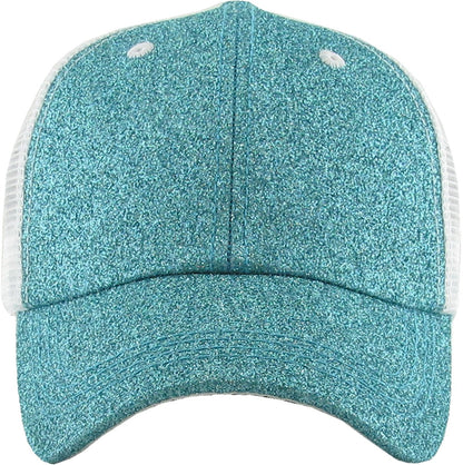 KBETHOS® Original Glitter Fabric Mesh Trucker Ponytail Cap, Aqua