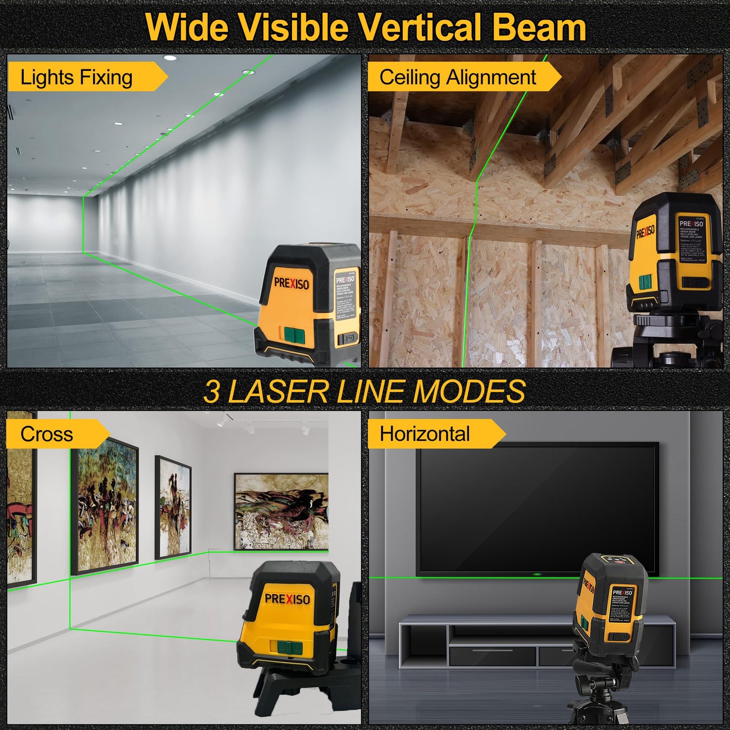 PREXISO Laser Level with Tripod - 100Ft Rechargeable Dual Modules Line Laser, Self Leveling Wide Angle Cross Leveler Tool for Construction, Floor Tile Renovation with Magnetic Base, Target Plate, Bag