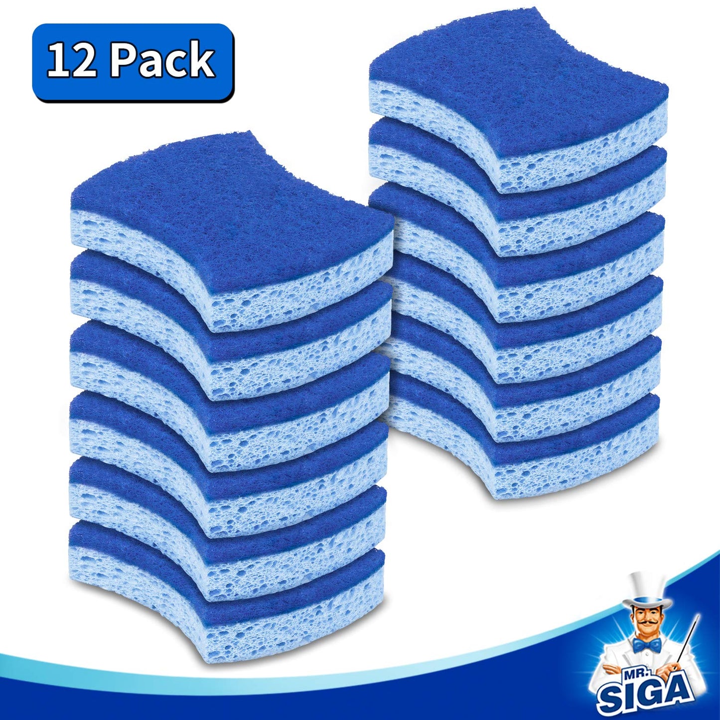 MR.SIGA Non-Scratch Cellulose Scrub Sponge, Dual-Sided Dishwashing Sponge for Kitchen, 12 Pack