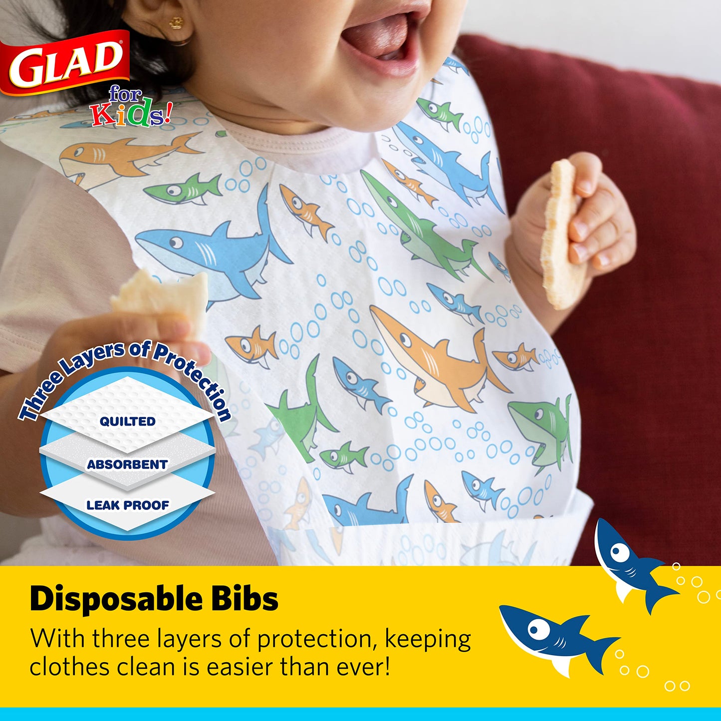 Glad for Kids Shark Paper Disposable Bibs with Crumb Catcher for Feeding - Absorbent and Leakproof Eating and Travel Must Haves for Mess-Free Meals, 30 Count