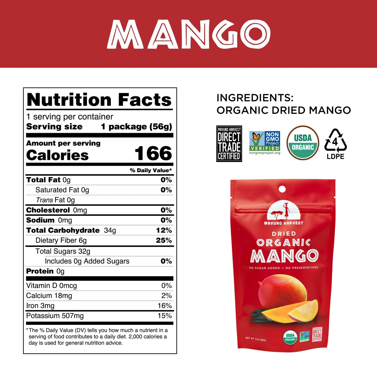 Mavuno Harvest Mango Dried Fruit Snacks | Unsweetened Organic Dried Mango Slices | Gluten Free Healthy Snacks for Kids and Adults | Vegan, Non GMO, Direct Trade | 2 Ounce, Pack of 3