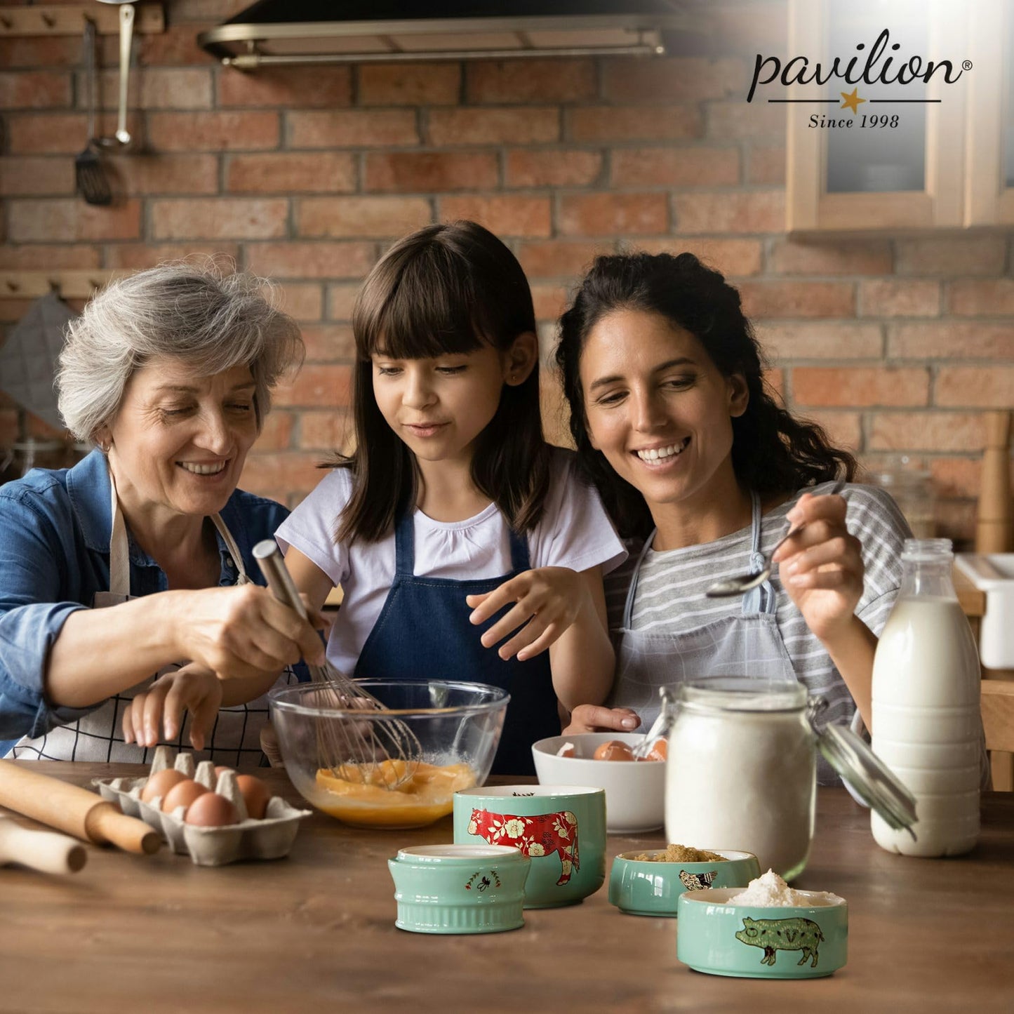 Pavilion Gift Company - 'Live Simply Bee, Chicken, Pig, and Cow' - 4-Piece Stoneware Measuring Cups Set, Sturdy Farmhouse-Style Kitchenware for Home Baking, Cooking, Gifting - Teal, 8 Ounces