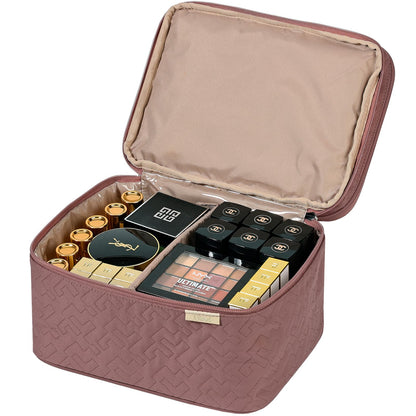 NISHEL Large Double Layer Travel Makeup Bag Women, Large Cosmetic Case, Organizer for Travel-Size Accessories Bottles, Brushes, Conditioner, and Skin Care Products, Rose-wood Pink