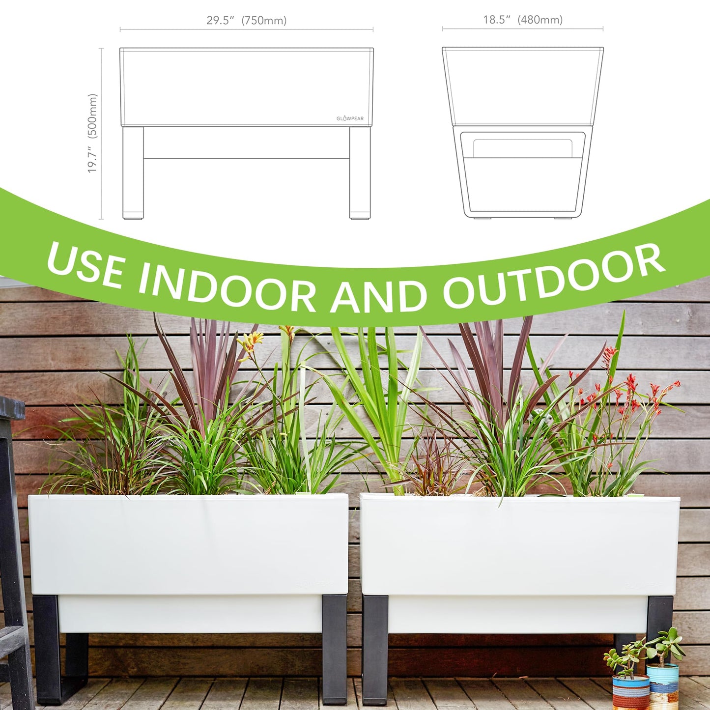 Glowpear Self Watering Planter Box - 29.5", White - UV Stable, Scalable Urban Raised Garden Bed with Water Gauge, Indoor Outdoor for Vegetables, Flowers, Herbs, and Succulents, Gardening