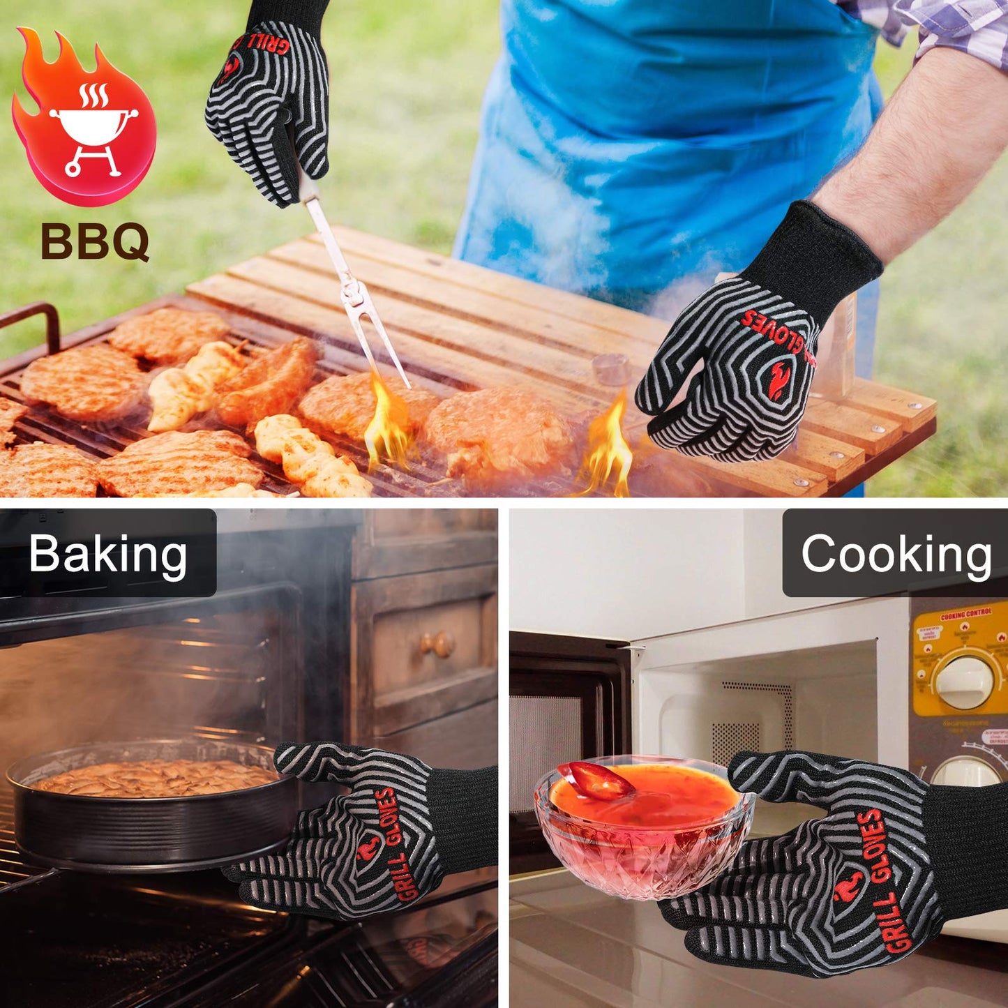 QUWIN BBQ Gloves, Oven Gloves, Grilling Gloves Silicone Non-Slip Oven Mitts, Kitchen Gloves for BBQ, Grilling, Cooking, Baking-1 Pair… (Black, One Size Fits Most)