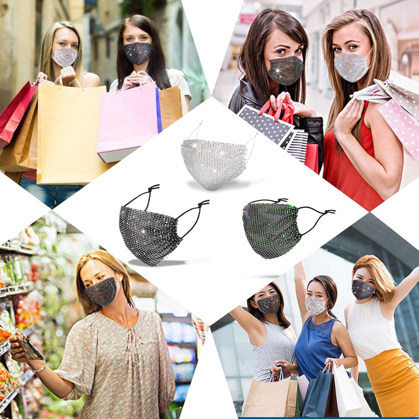 6 Pcs White Female Gifts Decor Face Cover Christmas Decor Crystal Mesh Face Mask Sparkly Rhinestone Custom Masquerade Mask for Women Sequin Glitter Halloween Night Club Party Supplies Face Mask