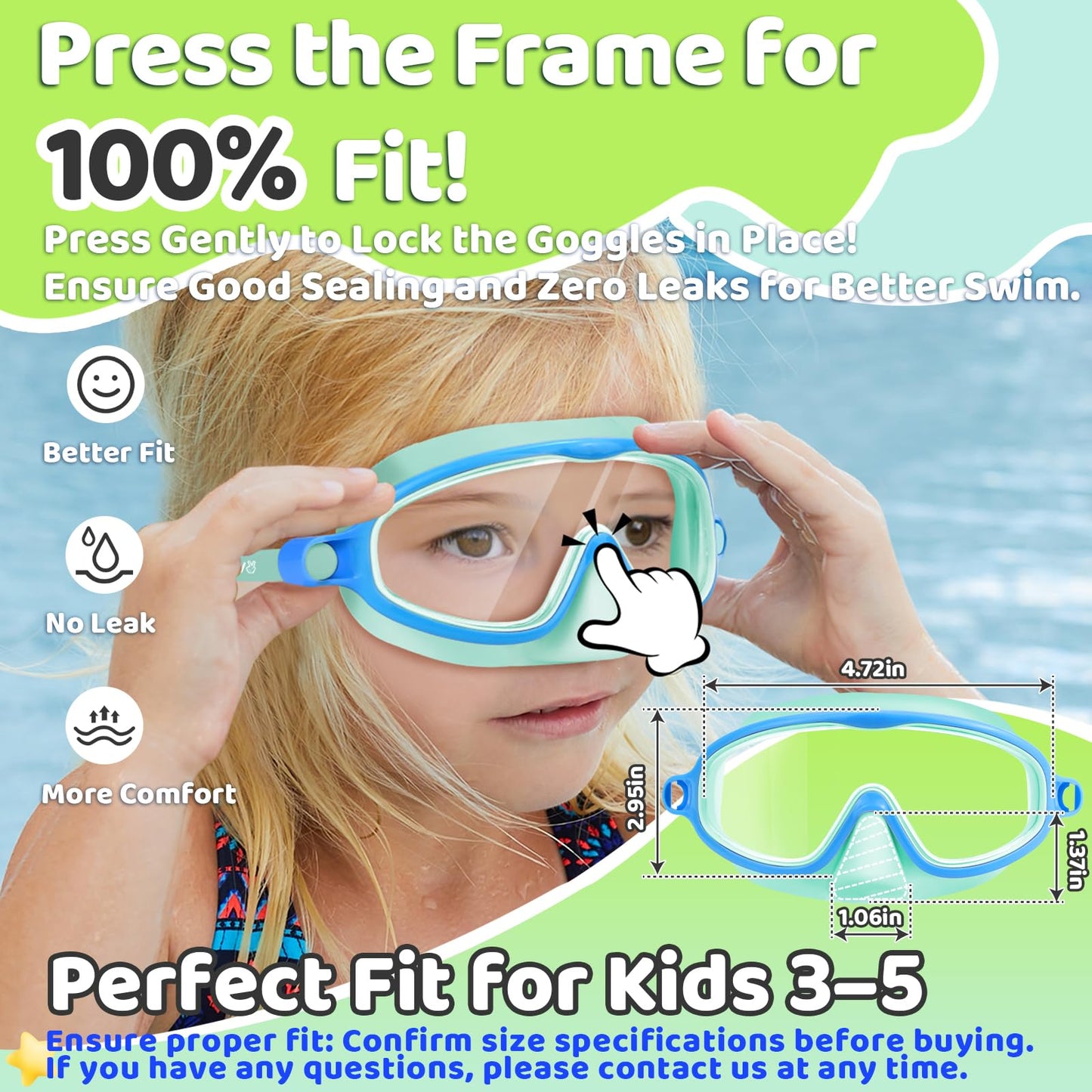 Vvinca 2 Pcs Kids-Swim-Goggles with Nose Cover, Swimming Diving Mask Wide View Anti Fog UV Anti Shattered Lens for Kids 3-5