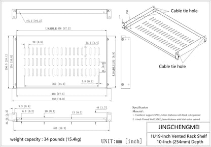 Jingchengmei 1U Disassembled Vented Cantilever Server Rack Mount Shelf 10"(254mm) Depth for 19-Inch Network/AV Equipment Rack and Cabinet(1U10V)