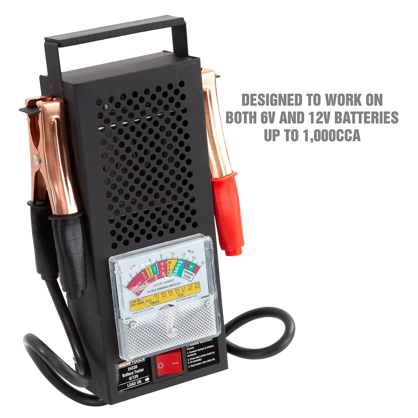 OEMTOOLS 24338 Battery Load Tester, Battery Tester 12V Automotive, Easy-to-Read Car Battery Tester, Heavy Duty Clamps, Shock Resistant Meter, Housed in Sturdy Steel Case