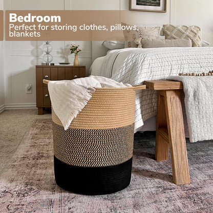 INDRESSME Laundry Basket Large Laundry Hamper, Woven Baskets for Storage, 17.8" x 15.8" x 13.8", Wicker Laundry Basket for Living Room, Dirty Clothes Basket, Baby Hamper for Nursery, Black & Jute