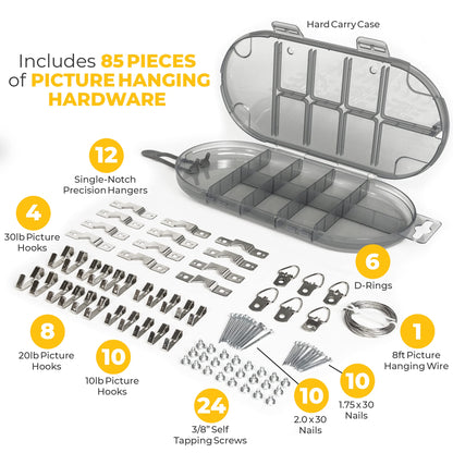 Go Hang It! Pro, All-in-One Picture Hanging Kit - Picture Leveling and Hanging Tool - Hang Sawtooth/Wire Hangers - Wall Hanging Kit and Level Tool - Hardware Case with 85-Piece Hanging Essentials