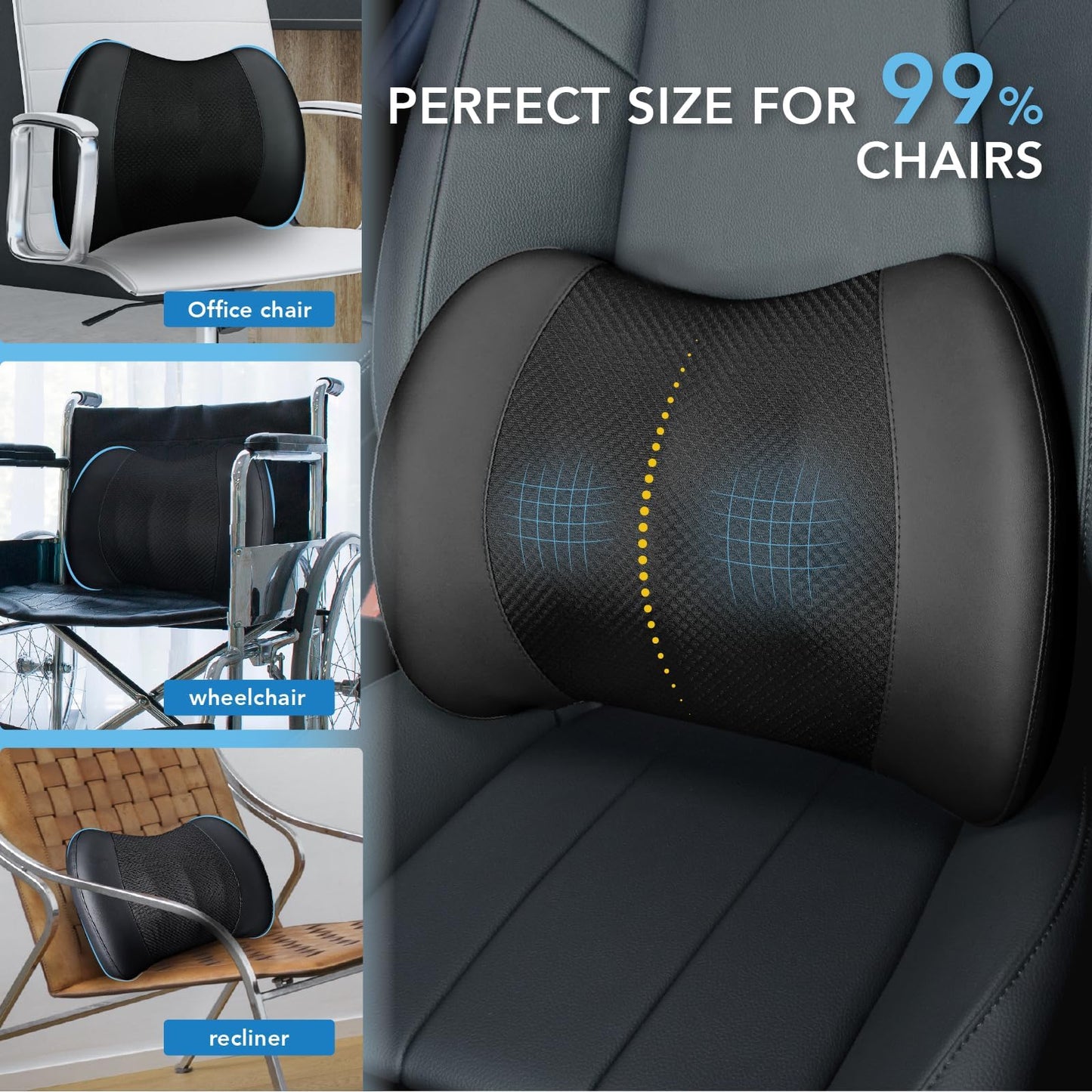 Lumbar Support Pillow for Car, Memory Foam Lumbar Pillow for Lower Back Pain Relief - Back Cushion for Driving, Chair Support for Car-Office Chair, Wheelchair - Black