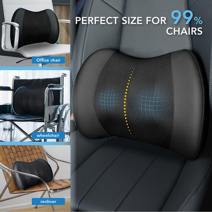 Lumbar Support Pillow for Car, Memory Foam Lumbar Pillow for Lower Back Pain Relief - Back Cushion for Driving, Chair Support for Car-Office Chair, Wheelchair - Black