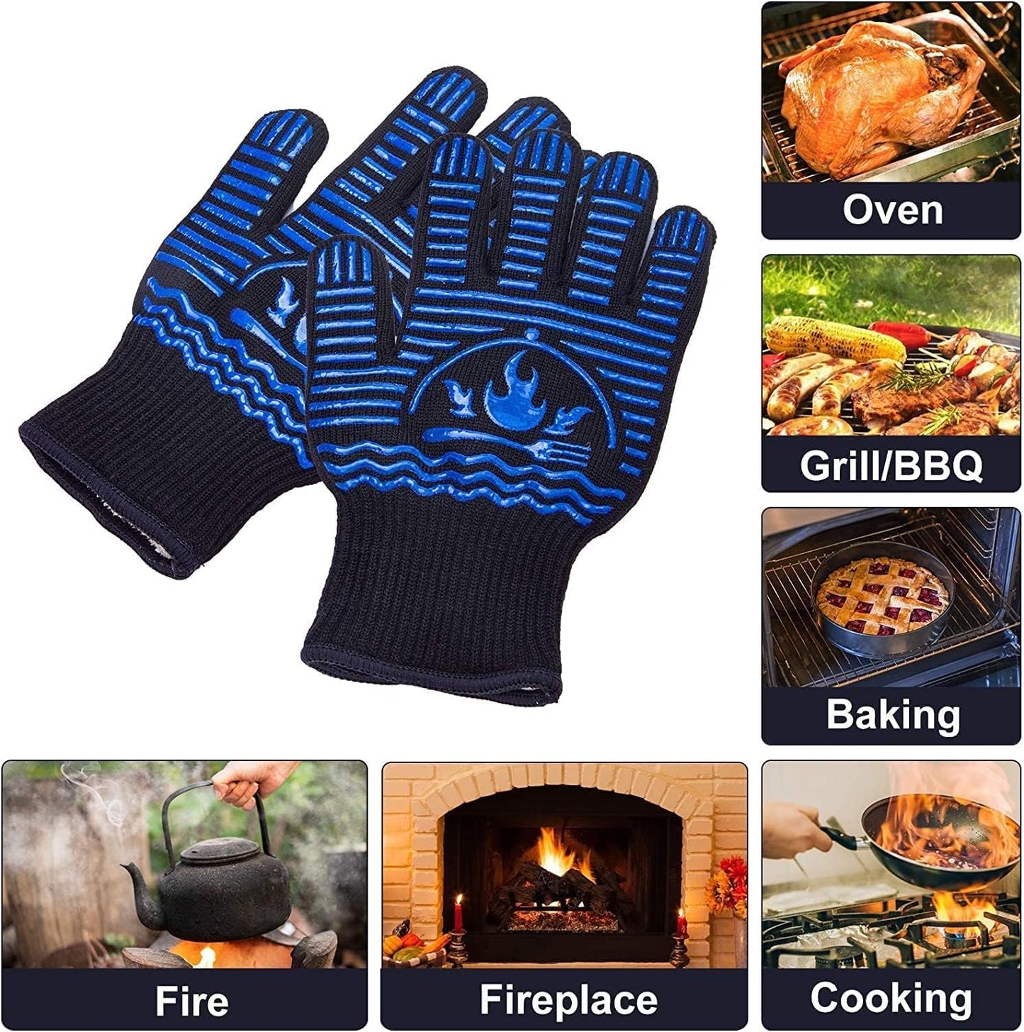 Recoty BBQ Gloves, 1472°F Extreme Heat Resistant Grill Gloves, Non-Slip Food Grade Silicone Oven Mitts for Kitchen, Cooking, Barbecue, Baking, Smoker (11inch)