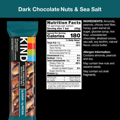 KIND Nut Bars, Dark Chocolate Nuts and Sea Salt, Healthy Snacks, Gluten Free, Low Sugar, 6g Protein, 12 Count