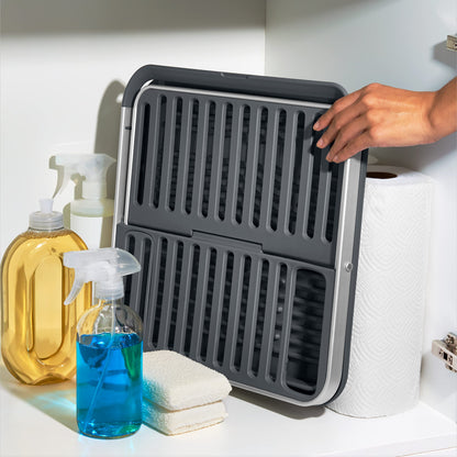 OXO Good Grips Aluminum Fold Flat Dish Drying Rack, 2-Tier, with Drainboard, for Kitchen Counter, Collapsible