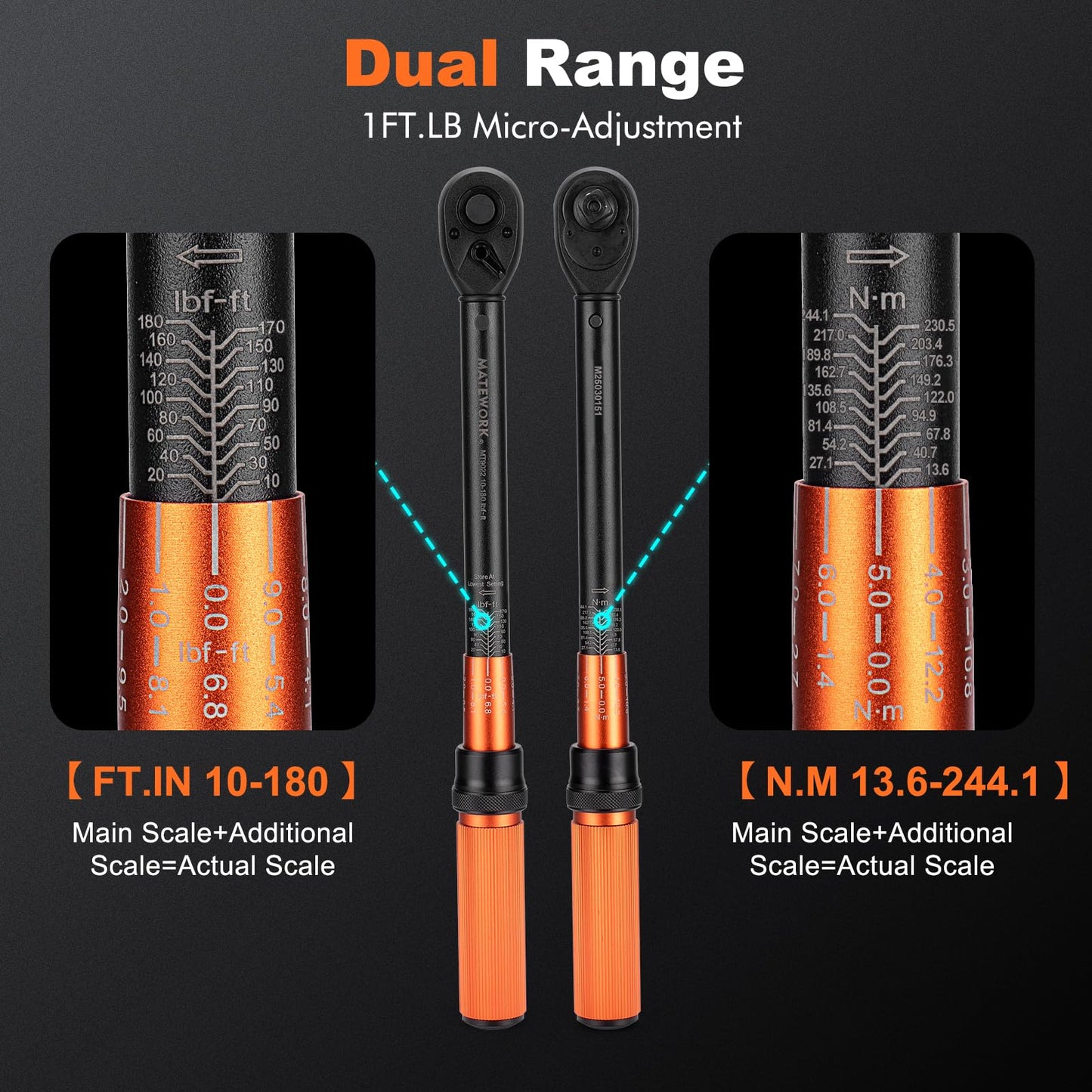 1/2-Inch Drive Torque Wrench Set 22PCS, 10-180FT.LB/13.6-244.1Nm, Click Torque Wrench Socket Set, 72-Tooth Dual-direction, ±3% Precision Adjustable Torque Wrench for Lug Nut, Bicycle, Moto, Car