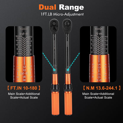 1/2-Inch Drive Torque Wrench Set 22PCS, 10-180FT.LB/13.6-244.1Nm, Click Torque Wrench Socket Set, 72-Tooth Dual-direction, ±3% Precision Adjustable Torque Wrench for Lug Nut, Bicycle, Moto, Car