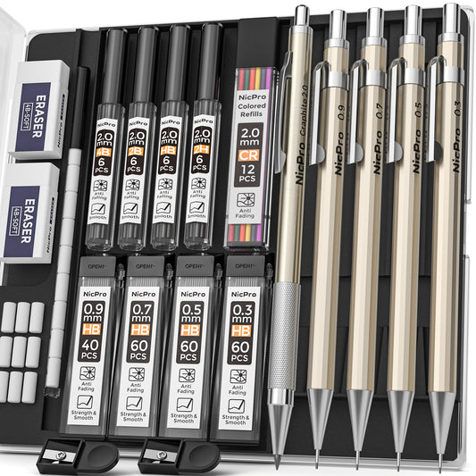 Nicpro 5 PCS Art Mechanical Pencils Set, Metal Drafting Pencil 0.3 & 0.5 & 0.7 & 0.9 & 2mm Graphite Lead Holder(4B 2B HB 2H Colored) for Sketching Drawing With Lead Refills Eraser Case