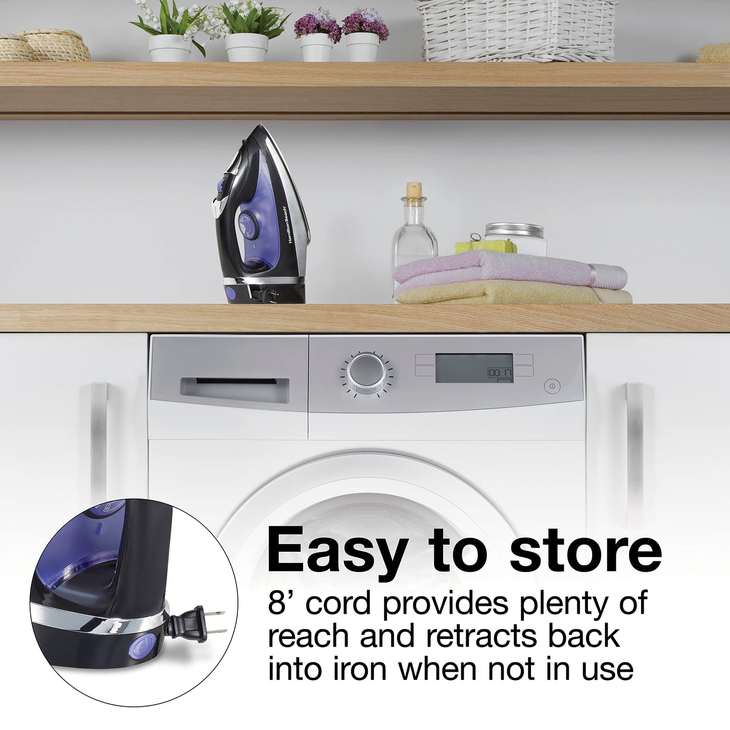 Hamilton Beach Steam Iron for Clothes & Garment Steamer with Smooth Press Stainless Steel Soleplate, 1200 Watts, 8’ Retractable Cord, Black (14214)