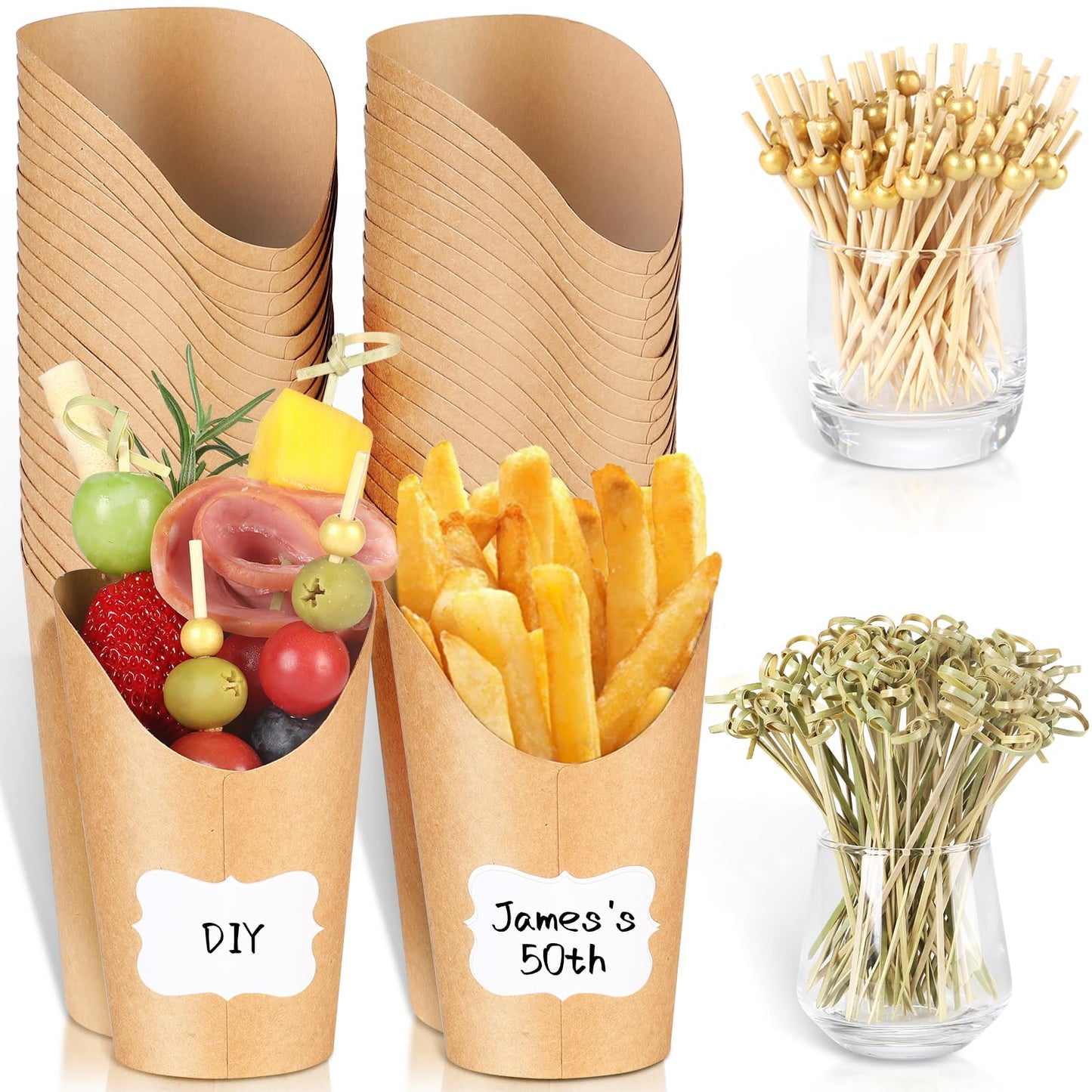 50 Charcuterie Cups with Sticks + 200 Cocktail Picks + 50 Labels, Disposable French Fry Holder with Bamboo Skewers Toothpicks, 12 oz Brown Kraft Paper Appetizer Cups Charcuterie Boards Accessories