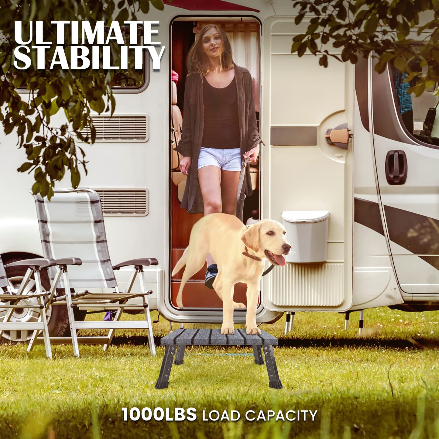 Marudina Large Platform RV Step with Cloth Cover and Anti-Slip Surface, 3-Level Adjustable Height, Light Aluminum Folding Step Stool, Supports Up to 1,000 lb - Ideal for RV and Multi-Use Scenarios