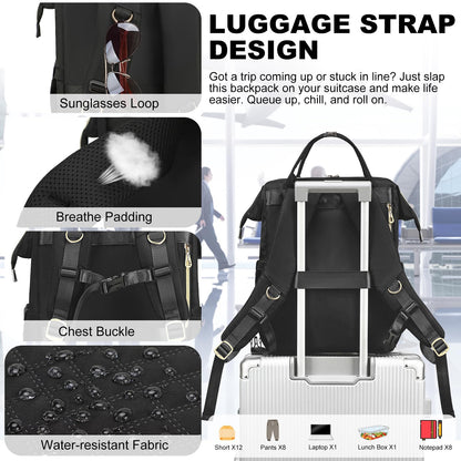 AIJIEKE Lunch Backpack for Women, 15.6 inch Laptop Backpack with Insulated Cooler Lunch Bag Set for Lunch Box Work Backpack for Travel Nurse Teacher, Black