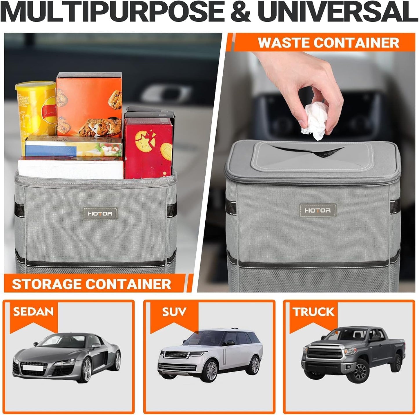 HOTOR Car Trash Can, Multifunctional Car Accessory for Interior Car Stuff Storage with Compact Design, Waterproof Car Organizer and Storage with Adjustable Straps, Magnetic Snaps, 2 Gallons, Gray