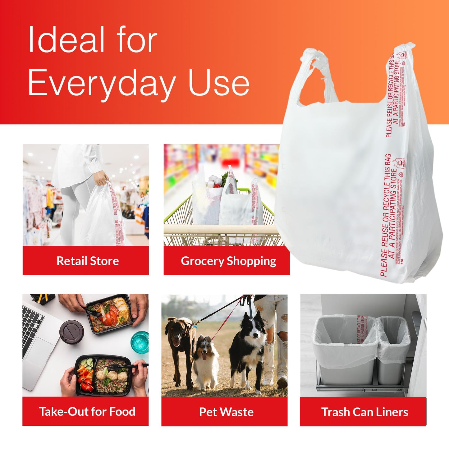 Reli. T-Shirt Bags (300 Count) Plastic Bags - Bulk Grocery & Shopping - White T-Shirt Sacks in Bulk (11.5" x 6.5" x 21")