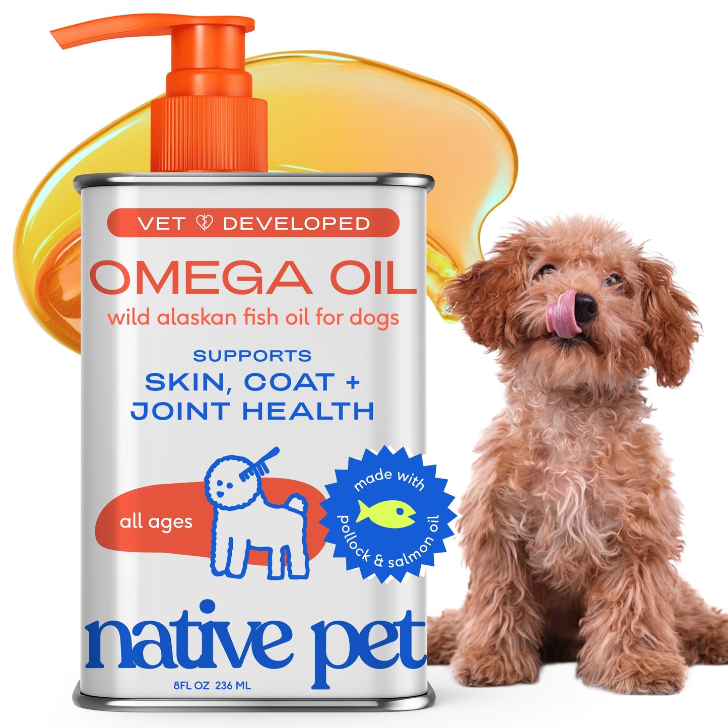 Native Pet Omega 3 Fish Oil for Dogs & Cats - Promotes Healthy Skin, Shiny Coat, & Strong Joints - Made with Wild Alaskan Salmon Oil for Dogs – Tasty, Fast-Absorbing Omega 3 6 9 Liquid Supplement-16oz