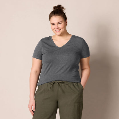 Amazon Essentials Women's Regular-Fit Short-Sleeve V-Neck T-Shirt, Pack of 2, Charcoal Heather/Light Grey Heather, Medium