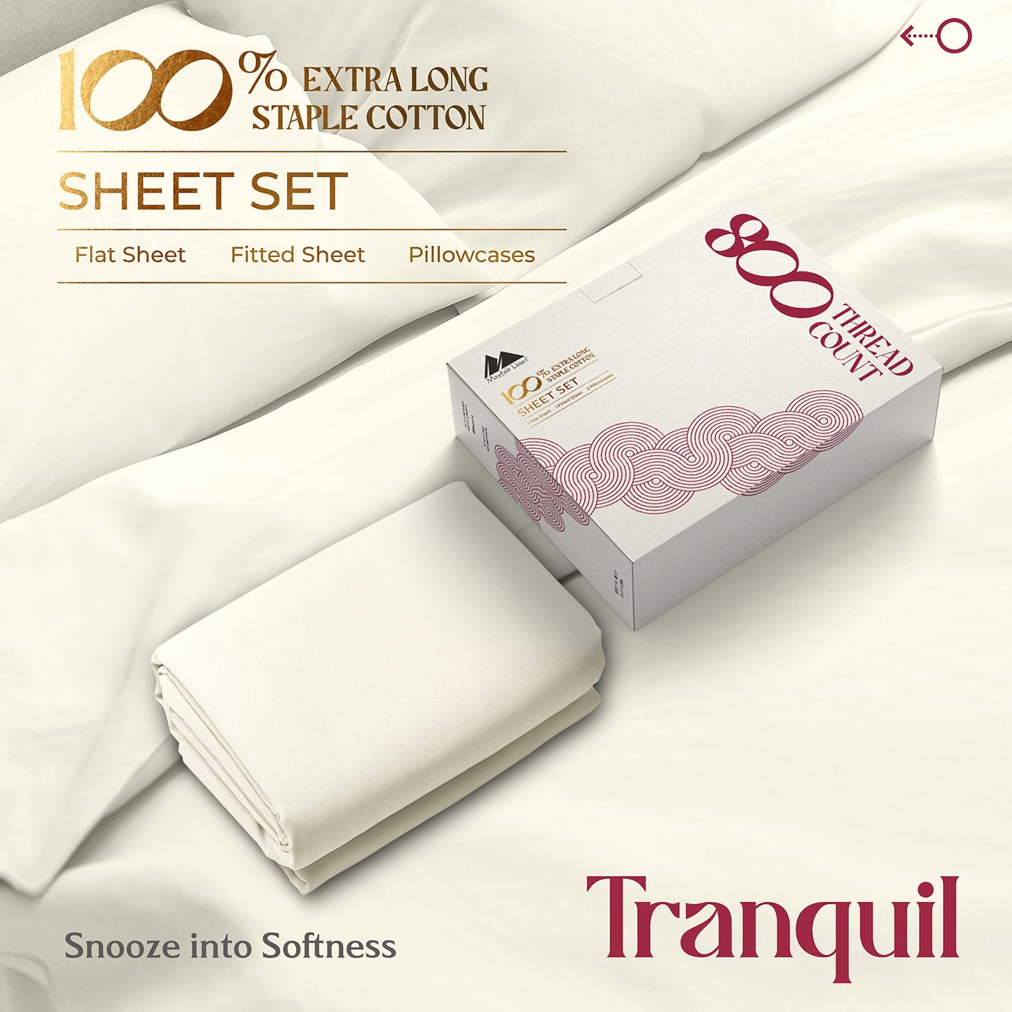 Mayfair Linen 100% Egyptian Cotton Sheets King Size - 800 High Thread Count Sheets King, 4 PC Luxury Hotel King Size Sheets Set, 16" Deep Pocket Sateen Weave Extra Soft Cooling Bed Sheet Sets, Ivory