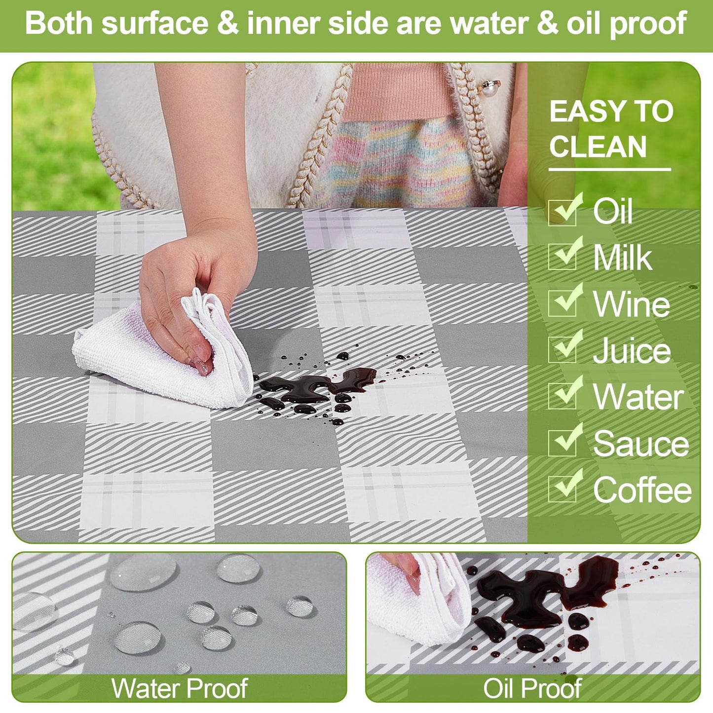 Picnic Table Cover with Bench Covers Camping Essentials Waterproof Windproof Camping Tablecloth with Drawstring Bag, Fitted Rectangle Tables and Seats, 72in, Grey Checkered