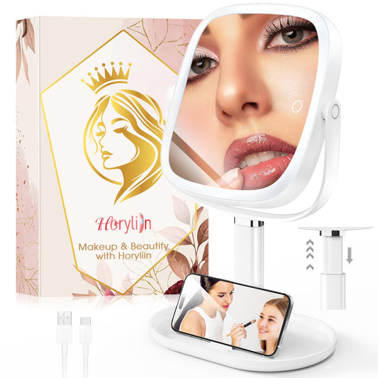 Horyliin Makeup Mirror with Lights - 10x/1x Magnifying Mirror with Light, Rechargeable Desk Mirror with 3-Color Lighting & Memory Function, 360° Adjustable Table Mirror, Gift for Women (White)