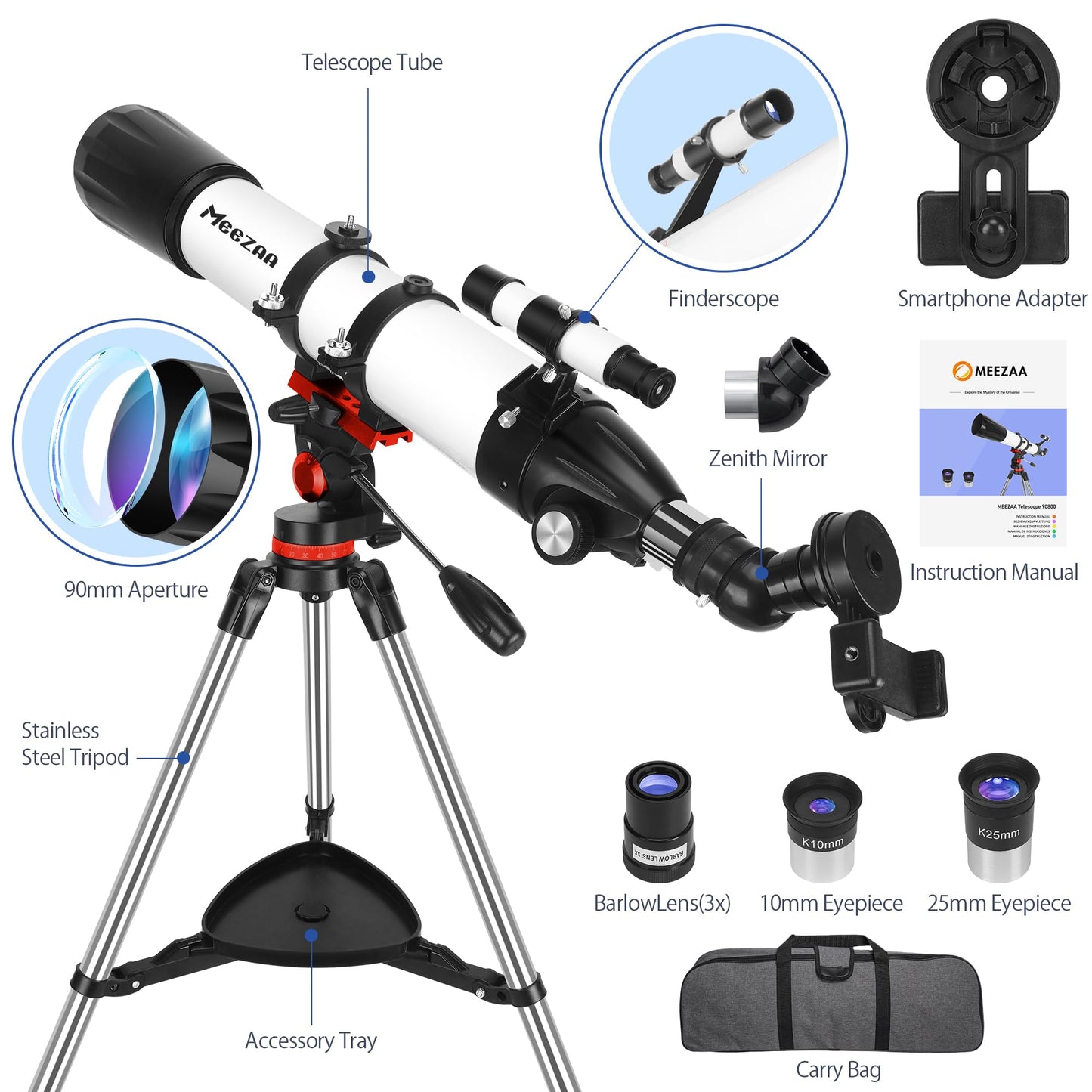 MEEZAA Telescope, Telescope for Adults High Powered Professional, 90mm Aperture 800mm Refractor Telescopes for Astronomy Beginners Fully Multi-Coated with AZ Mount Tripod & Phone Adapter & Carry Bag