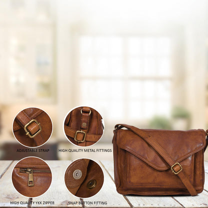 Leather Flapover Crossbody Handbag Purse for Women with Adjustable Strap & Overflap Snap Closure Tote/Bag (Tan wash)