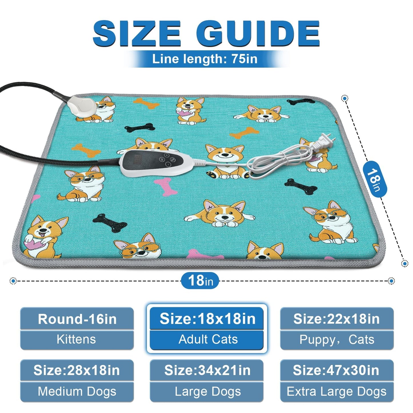 GOLOPET Cat Heating Pad 18x18 in Pet Heating Pad for Cats Waterproof Smart Thermostat Switch, Adjustable, Adding Wire Rope Wires Cat Warming Pad-Blue