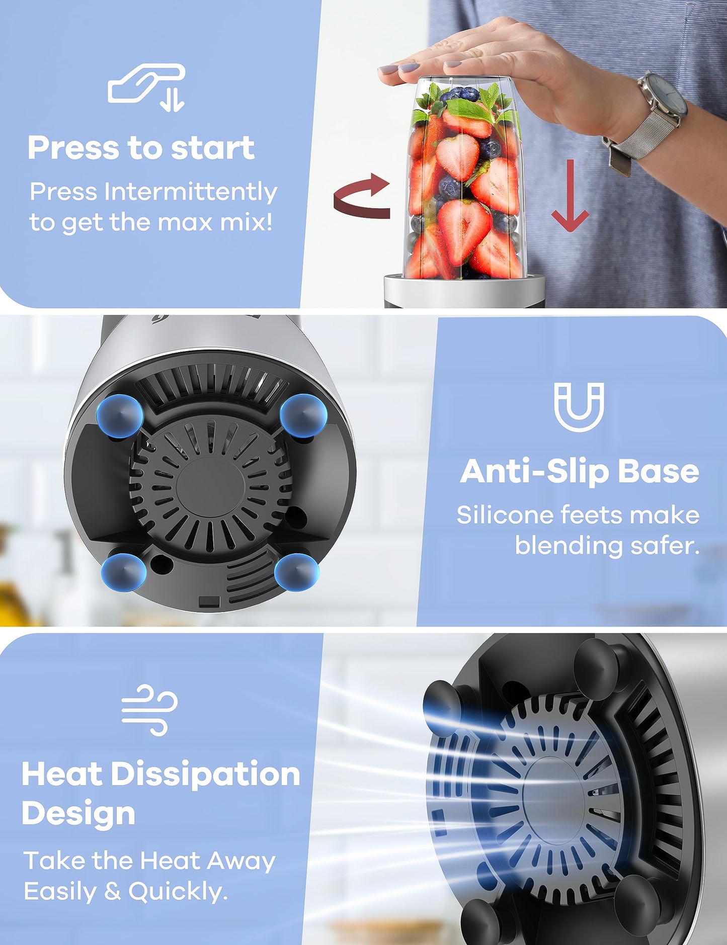 Ganiza Smoothie Blender, 900W Blenders for Shakes and Smoothies, 15-Piece Personal Blender and Grinder Combo for Kitchen, Smoothies Maker with 4 BPA-Free Portable Cup, Nutritious Recipe