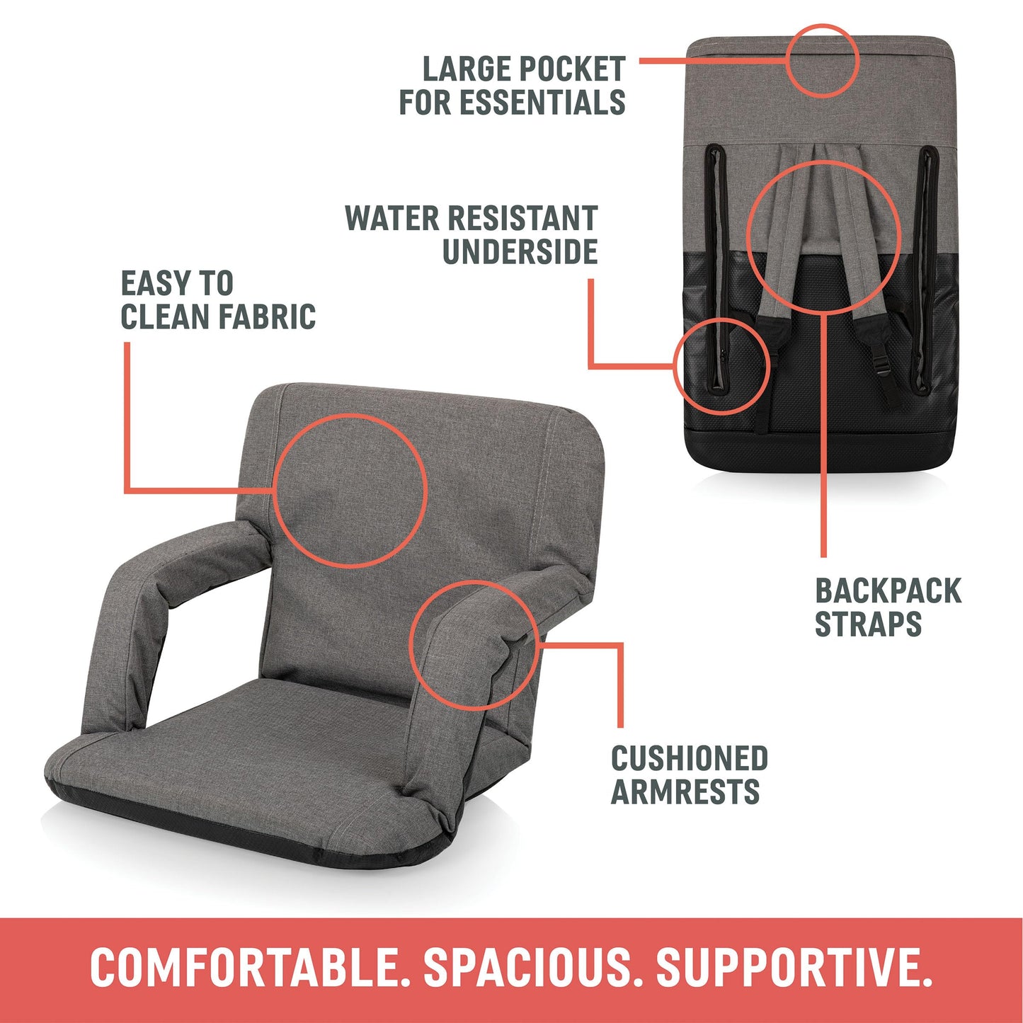PICNIC TIME Ventura Portable Reclining Stadium Seat with Back Support, Folding Bleacher Chairs with Back and Cushion, Thick Padded Stadium Seat and Armrest, Includes Six Backrest Positions, (Black)