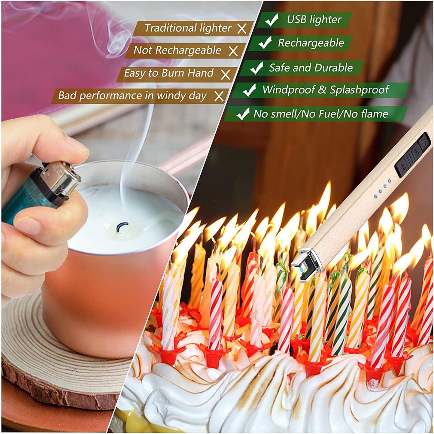 MEIRUBY Lighter Electric Candle Lighter Long Electronic Rechargeable USB Arc Windproof Flameless Lighters for Candle Camping BBQ Birthday Women's Day Gifts for Women Mom Wife Men, Gold