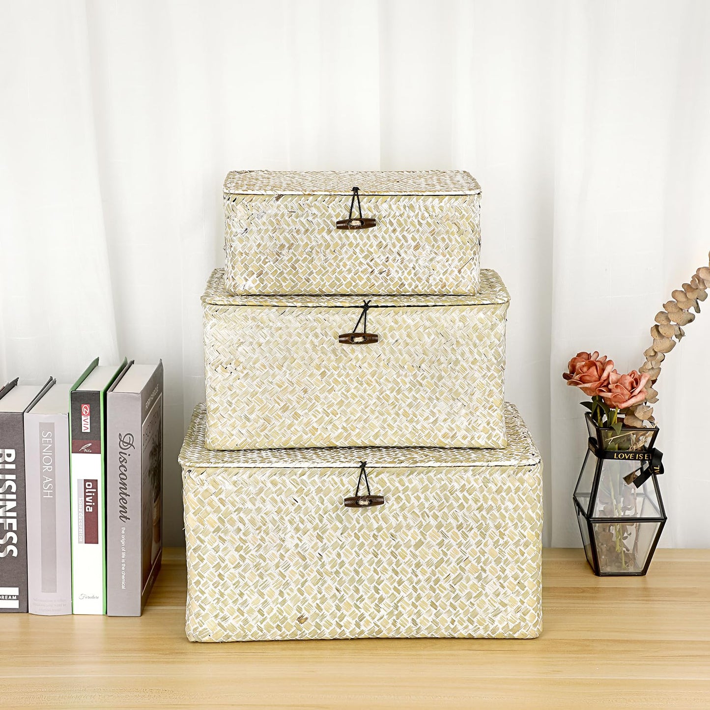 Hipiwe Seagrass Storage Basket Bins with Lid, Handwoven Wicker Shelf Baskets Bin Rectangular Household Basket Organizer Boxes for Shelf Closet Bedroom Home Decor, Whitewash Medium