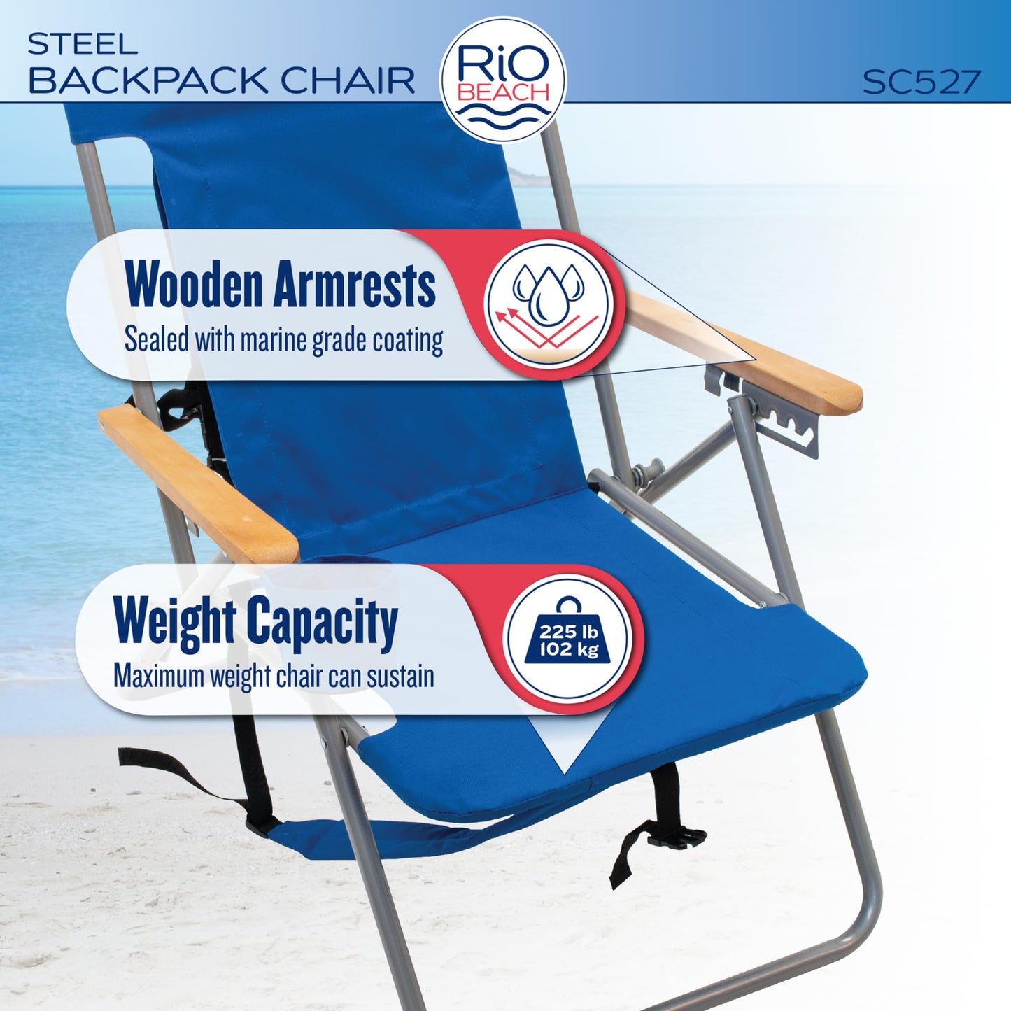 Rio Beach Original 4-Position Steel Backpack Chair with Pillow, Hands-Free Beach Chair Backpack for Adults, Navy